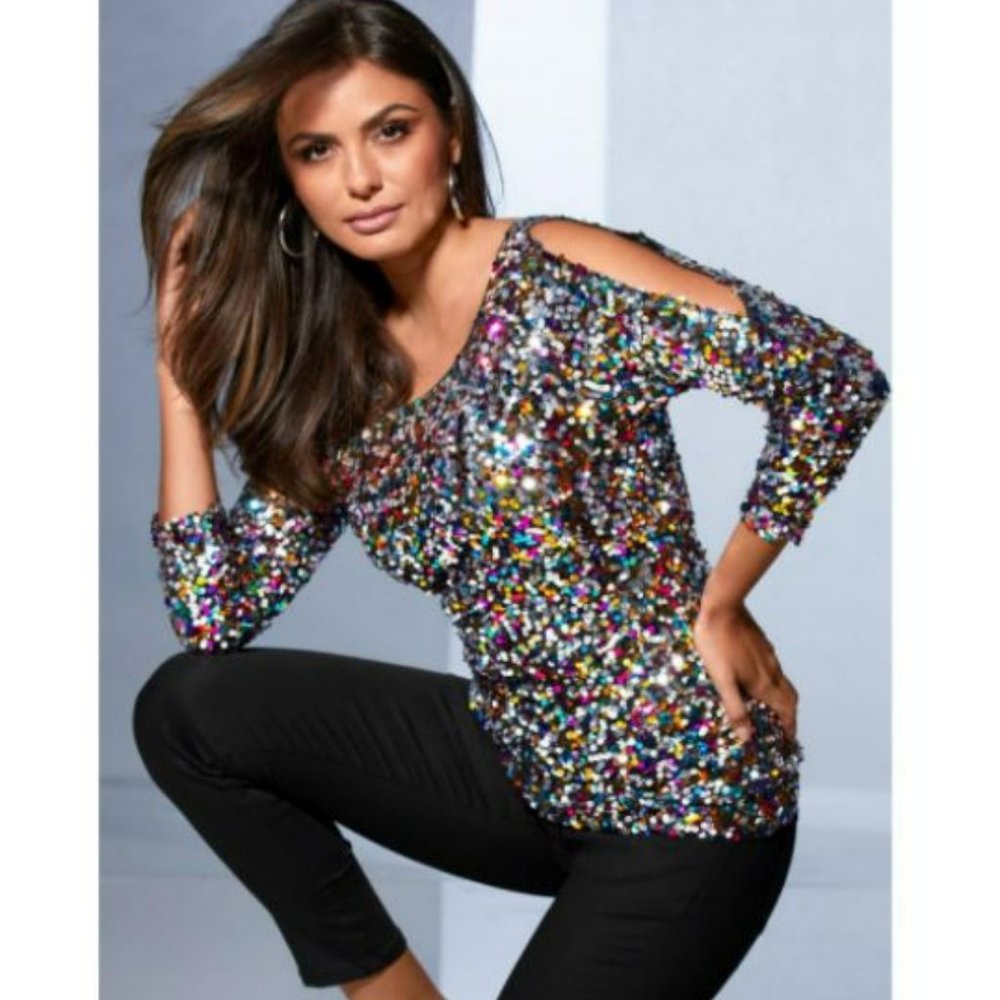 BOSTON PROPER Multicolor Sequin Cold-Shoulder Top NWT